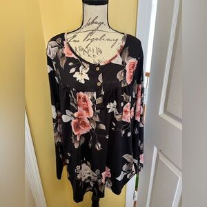 Women’s Black Peach and Cream Floral Print Long Sleeve Top Size 4XL